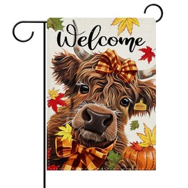 Dyrenson Welcome Fall Highland Cow Decorative Garden Flag, Autumn Farm Maple Leaves Pumpkin Yard Outside Home Decoration, Farmhouse Bow Burlap Outdoor Small Decor Double Sided 12 x 18