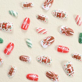 Christmas Press on Nails Short Almond Fake Nails Gingerbread Man False Nails Press ons with Designs Snowflake Glitter Full Cover Glossy Glue on Nails Stick on Nails for Women Nails Decorations 24 Pcs