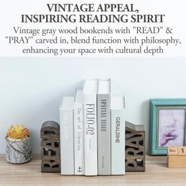 MyGift Vintage Weathered Gray Solid Wood Bookends Carved in Read and Pray Block Letters, Decorative Book Stands for Home Library Bookshelf Office Desk, 2 Piece Set