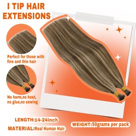 Sunny Hair I Tip Hair Extensions 50G Itips Human Hair Extensions for Women Real Human Hair Straight I Tip Hair Extensions Human Hair Medium Brown and Strawberry Blonde Highlights 22inch