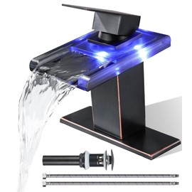 LED Bathroom Sink Faucet, Waterfall Single Handle Vanity Faucets for Sinks 1 Hole with Metal Pop Up Drain and 2 Water Supply Lines, Open Glass Spout by Bath Famoli (ORB)