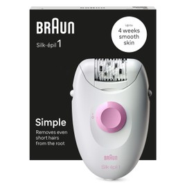 Braun Silk•épil 1 1-010 Epilator with Cable for Hair Removal, for Weeks, Soft Skin, White/Pink