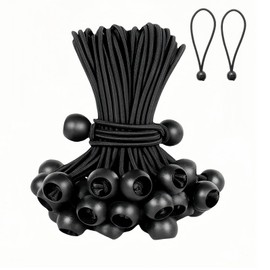 Pack of 30 Bungees with Ball, 10 cm Tarpaulin Tensioners, Robust Rubber Tensioners for Tarpaulins, Camping Tents, Load Securing - Black FHISKUNYU