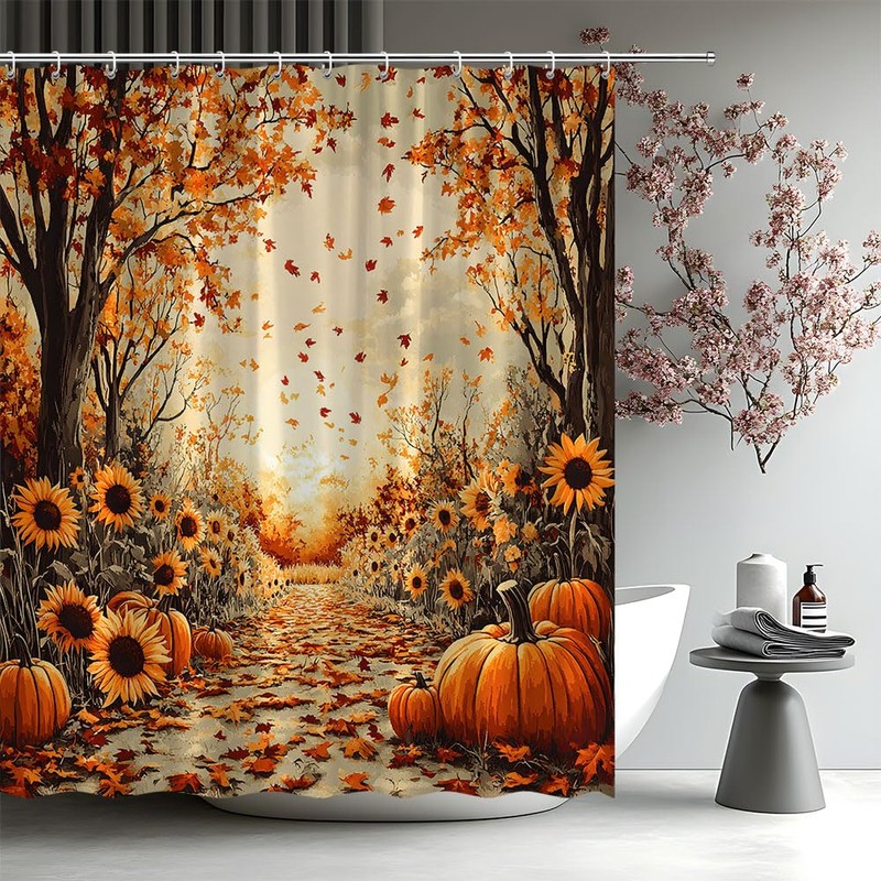 FAXTOZ Fall Shower Curtain Autumn Maple Forest Fallen Leaf Pumpkin