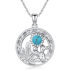 LES OSEWA Cactus Sun Necklace 925 Sterling Silver Turquoise Western Pendant Necklace Country Western Jewelry Cactus Gifts for Women Men
