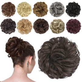 FESHFEN Messy Bun Hair Piece - Wavy Synthetic Chignon Scrunchies for Instant Volume, Elastic Ponytail Bun Hair Extensions Thick Hairpieces for Women, Dark Brown 1.50 oz