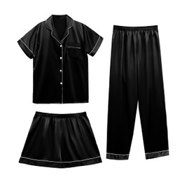 Vlazom Womens Silk Pyjamas, Satin Pyjamas Sets Ladies Silky Sleepwear 3 Piece Short Sleeve Pjs Set Button Down Loungewear Black,XL