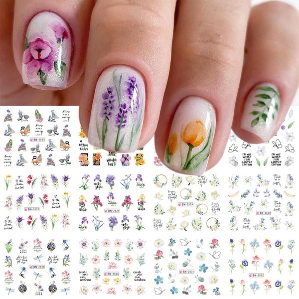 Kireida® 12 Sheets Flower Nail Art Stickers, Tulip Blossom Stickers, Orchid, Text Designs for Nail Decorations for Women, Nail Design Accessories and Decoration (Colour)