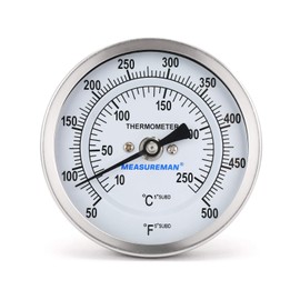 MEASUREMAN Fully Stainless Steel Bimetal Dial Thermometer, 3" Dial, 4" Stem, 50-550 deg F/10-260 deg C, +/-1% Accuracy, Adjustable, 1/2" NPT Back Mount