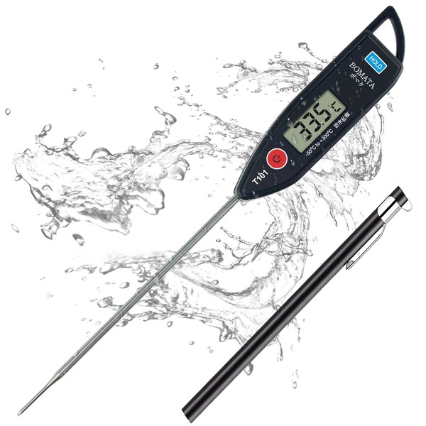 BOMATA T101A Thermometer, Waterproof, Washable, Quick Reading, 3-6 Seconds (-50 - 300 °C), Water Thermometer, Kitchen 5.0 - 82.8 °F (12.7 cm) Probe, Hold Function, LCD Large Screen, 304 Stainless Steel, Wall Hanging Hole, For Measuring Temperature of Fry