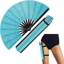 Ripeng 13" Glitter Large Rave Hand Fan Folding Clack Rave Fan for Women with Leg Strap and Fabric Case Bag for Dance, Edm(Sky Blue)