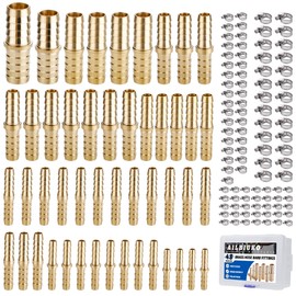 Ailbiuko 48PCS Brass Hose Barb Fitting,Barb Splicer Mender Hose Fittings 1/8" 3/16" 1/4" 5/16" 3/8" 1/2" 5/8" 3/4" with 96Pcs Stainless Steel Pipe Hose Clamps for Air/Fuel/Water/Oil Hose