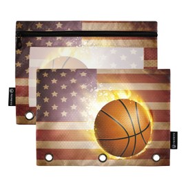 Gredecor Binder Pencil Pouch 3 Ring American Flag with Basketball Zipper Pencil Pouches Case 2 Pack Clear Binder Organizer for School Office