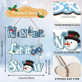 LHIUEM Christmas Winter Let It Snow Wooden Signs Set of 3(4”x16”) Merry Christmas Blue Snowflake Hanging Plaque Cute Snowman Wall Decor Pine Tree Happy Xmas Wood Door Hanger for Farmhouse Bedroom