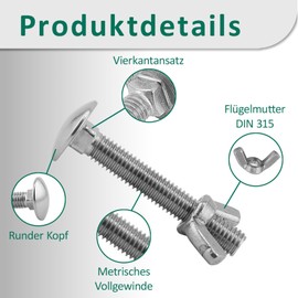 DSM - Carriage Bolts M5 x 100mm DIN 603 - M5 Wing Nut DIN 315 - A2/V2A Stainless Steel - Full Thread - Round Head Square Head Screws - Butterfly Nut - Pack of 5