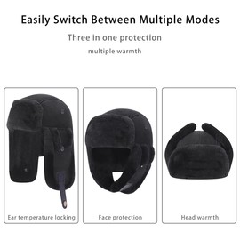 Harssidanzar Aviator Hat for Men Women Genuine Sheepskin Shearling Leather Winter Warm Trapper Hat CU603US,Black, Size Large