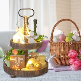 5 Pcs Jesus Tomb Easter Tray Bundle Kit with LED Fairy Lights, Wooden Easter Jesus Sign He Is Risen Resurrection Scene Nativity Christ Statue Farmhouse Easter Tiered Tray Decor for Home Church Table