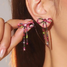 Rhinestone Bow Drop Earrings for Women Ribbon Earrings Dainty Rose Red Bow Dangle EarringsTrendy Bride Wedding Earings Christmas Jewelry Gift (Leopard)