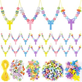 FULAIERGD 32 Sets Easter Wooden Cross Beads Necklace Craft Kits DIY Cross