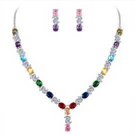 EleQueen Women's Silver-Tone Cubic Zirconia Oval Shape Leaf Bridal Necklace Earrings Set Multicolor