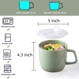 Adewnest Ceramic Soup Bowl with Lid & Handle: 32 oz Microwave Safe Food Container for Ramen Noodles Cereal Leftovers - Extra Large Mugs for Breakfast Lunch Picnic Camping - Green, Set of 1