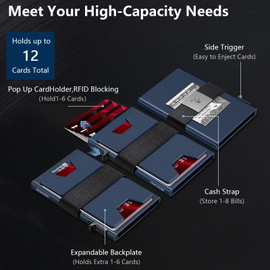 SEMORID Mens Wallet, Slim Wallet for Men, Pop Up Credit Card Holder RFID Blocking, Minimalist Metal Wallet with Cash Band, Aluminum Wallets (Blue+Blue)