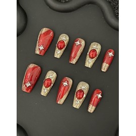 Handmade Press on Nails Medium Length MouyouGlow, Ballerina Red Silver Chrome Cat Eye Magnetic Crystal Y2K Coquette Resuable Fake Nails, Handmade Artificial Fingernails, Pack of 10 (91-S Size)