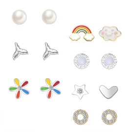 Silver Studs Earrings for Women, 7Pairs Small Sterling Silver Stud Earrings Ball Star Pearl Colorful Rainbow Studs Earrings Sets Gifts for Teens Girls