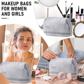 Mayoii Makeup Bag with Compartments Travel Makeup Bags Large Makeup Bag Wide-Open Zipper Pouch Waterproof Toiletry Bags for Women Ladies(Gray, One Size)