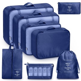 Mossio 8 Set Packing Cubes with Shoe Bag - Travel Luggage Organizer for Suitcase Clothes Storage Bag - Color: Navy Blue