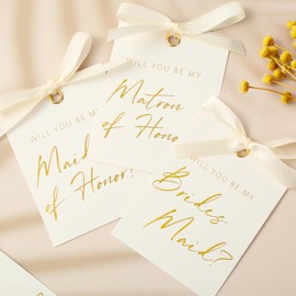FYSUIMU 14Pcs Bridesmaid Proposal Card with Ribbon Bow 4 Designs Gold Foil Matron of Honor Invitation Paper Tags Will You Be My Bridesmaid for Bridal Shower Wedding
