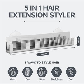5-in-1 Hair Extension Styler - Hands-Free Styling Tool with Suction Mount for Wash, Dry, Curl, Straighten. Dense Tooth Comb, 360° Visibility, Travel Ready 12" x 2" x 1.25