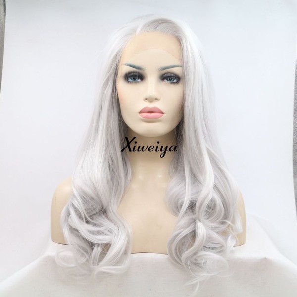 Xiweiya Heat Resistant Hair Side Part Body Wave Silver Grey Synthetic Lace Front Wigs For Women Christmas Party Wig