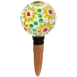 Sunnydaze Mosaic Glass Plant Watering Bulb with Clay Watering Spike - Decorative Self-Watering Globe for Plants - Auto-Dripper to Water Potted Plants - 9.5" - Bright Blooms