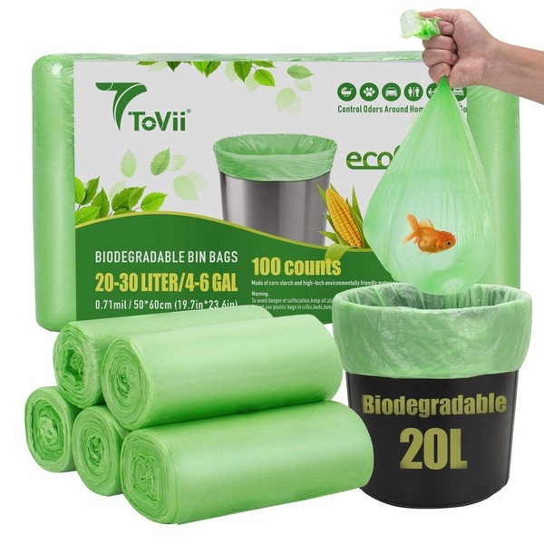 ToVii 100 Counts Biodegradable Trash Bags,Small Bin Bags 20-30 Liter,