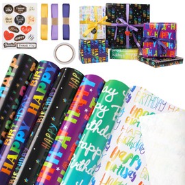 6 Sheets of Birthday Gift Wrapping Paper, Happy Birthday Colourful with 2 Ribbons, Double-Sided and Stickers, Wrapping Paper Set, Gift Wrapping for Children's Birthday (50 x 70 cm)