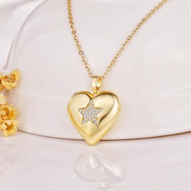 YOUFENG Love Heart Silver Gold Locket Necklace that Holds Pictures 14K Gold Plated Photo Locket Birthday Gifts Star