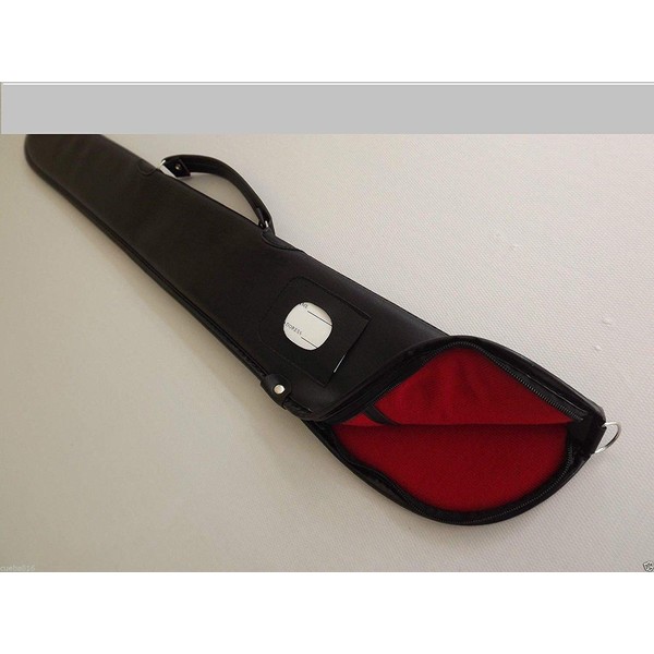 Soft black vinyl cue case with zip top and red interior