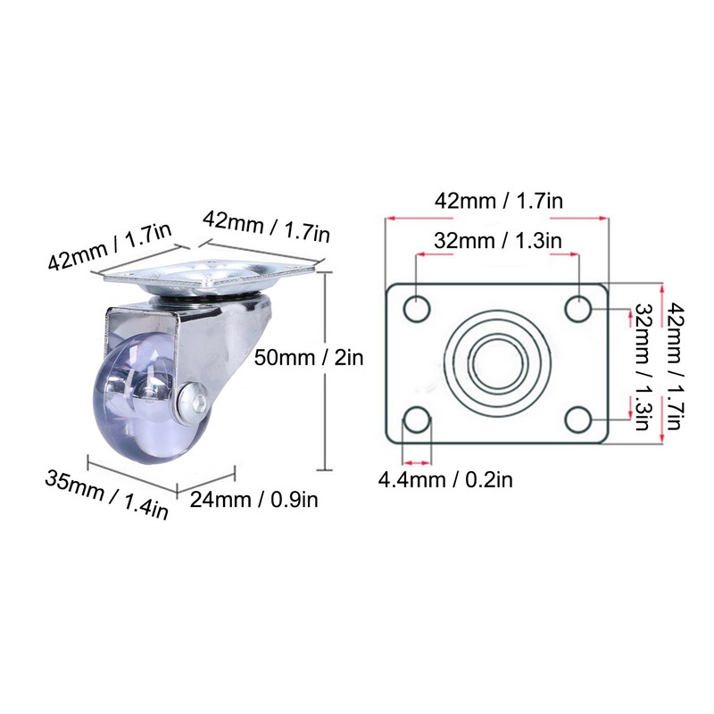 4 Pcs Swivel Caster Heavy Duty Stainless Steel Transparent PU
