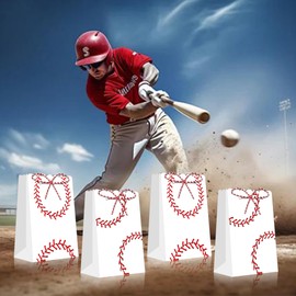 12Pcs Baseball Pattern Gift Bags, Baseball Party Gift Kraft Paper Bag with Red and White Hemp Rope, Baseball Sports Themed Birthday Party Supplies, Baseball Themed Paper Candy Gift Bag