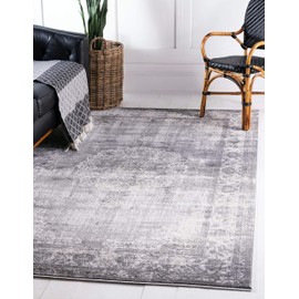 Unique Loom Leila Collection Traditional, Distressed, Medallion, Border, High-Low Pile, Vintage Area Rug, 5' 0 x 8' 0 Rectangular, Gray/Ivory