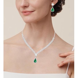 HONGLU Elegant Crystal Necklace Earrings Bracelets Set Silver Bridal Wedding Jewelry Sets Bride Bridesmaids Prom Formal Costume Accessories for Women (green crystal)