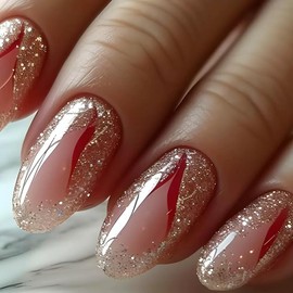 Press on Nails Short Oval Fake Nails Glitter Acrylic Nails Red Line False Nails Glossy Artificial Nails Full Cover Glue on Nails for Women Manicure Nails Decoration 24Pcs