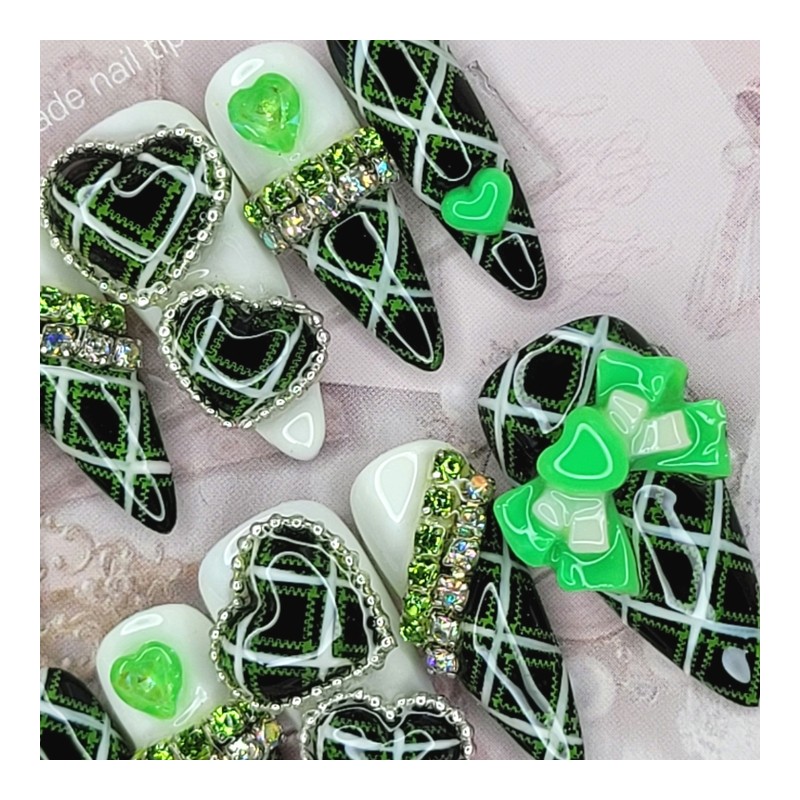Green Gyaru Cosplay Handmade Nail Tips - Oval S /