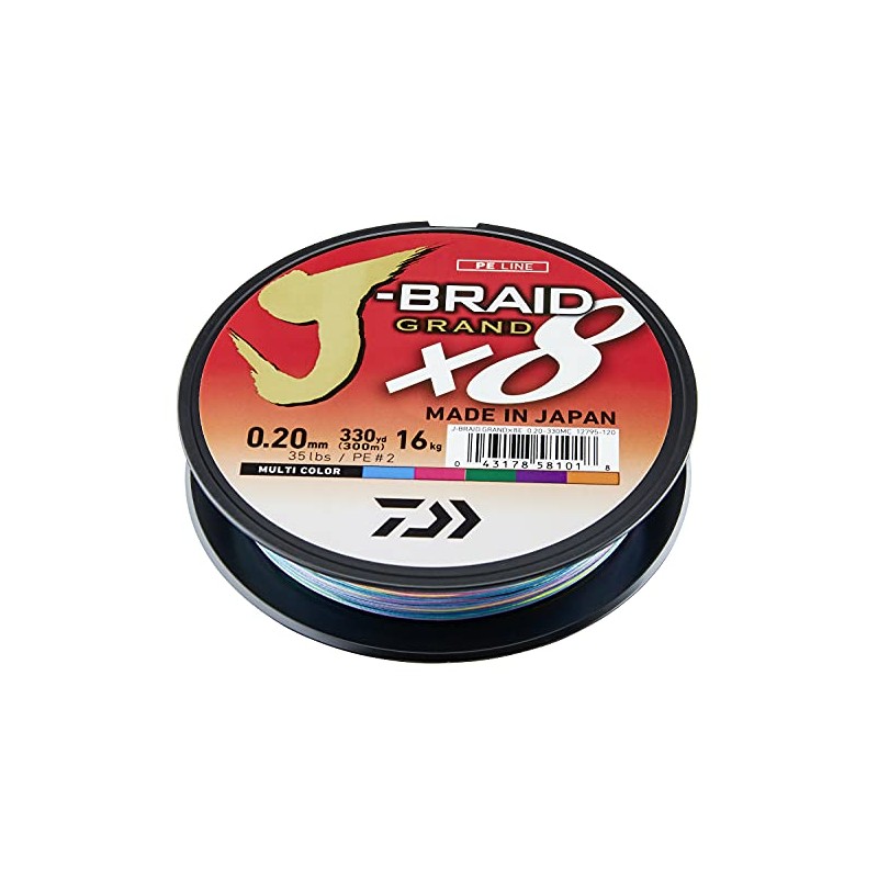 Daiwa J-Braid Grand X8E 0.06mm, 5.0kg/11.0lbs, 300m, Multicolour, Braided Fishing