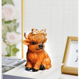 Resin Scottish Highland Cow Figurine Highland Cow Sculpture Cute Simulation Calf Ornaments Highland Cow Statue Figurines with Bow Home Farmhouse Tiered Tray Decor Autumn Garden Decor (A, 1PCS)
