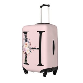 Elastic Travel Luggage Cover Cute Pink Suitcase Protector Bag,Black Letter H With Boho Floral Flowers Leaves Anti-Scratch,Dust-Proof Washable Suitcase Sleeve For Kid Adult,Xl (For 29-32 Inch Luggage)