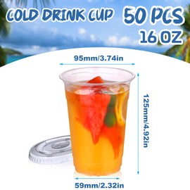 BALDCC 16 oz Clear Plastic Cups With Flat Lids, 50 Set Cold Drink Plastic Cups, Disposable Plastic Cups, for Cold Drinks, Iced Coffee, Milkshakes, Smoothies