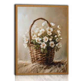RERNIE Flowers in Basket Wall Art Countryside Cottage Wildflower White Floral Cottagecore Green Plant Paintings Decor Flower Still Life Neutral 12x16 With frame