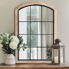 IPOUF Farmhouse Arch Wood Window Mirror, 24X36 Decorative Arch Wall Mirror, Wood Framed Rustic Mirror Metal Inner Frame Mirror Wall Decor for Entryway & Living Room,Natural